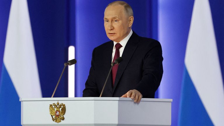 Russian President Vladimir Putin delivers his annual address to the Federal Assembly in Moscow, Russia February 21, 2023. Sputnik/Sergei Savostyanov/Pool via REUTERS ATTENTION EDITORS - THIS IMAGE WAS PROVIDED BY A THIRD PARTY.
