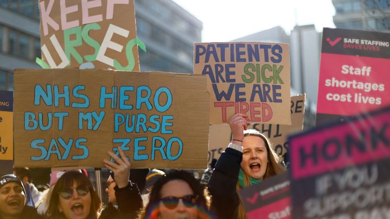 Nurses protest during a strike by NHS medical workers, amid a dispute with the government over pay, outside St Thomas' Hospital, in London, Britain, February 6, 2023. REUTERS/Peter Nicholls