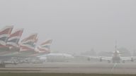 File Pic: Planes in the fog at Heathrow Airport, London.