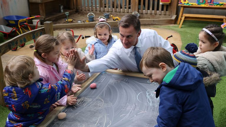 Jeremy Hunt visited a nursery in Battersea after delivering the budget. Pic: Rory Arnold / No 10