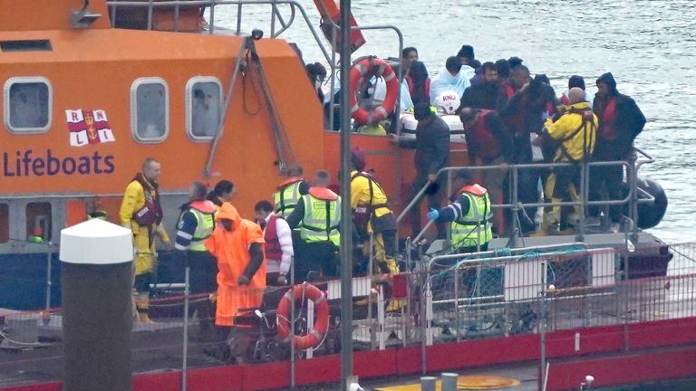 A group of people thought to be migrants are brought in to Dover, Kent, from the RNLI Dover Lifeboat following a small boat incident in the Channel. Picture date: Thursday April 6, 2023.
