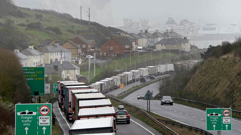 Lorries queue for the Port of Dover along the A20 in Kent as strong winds effect ferry services. Picture date: Friday March 31, 2023.
