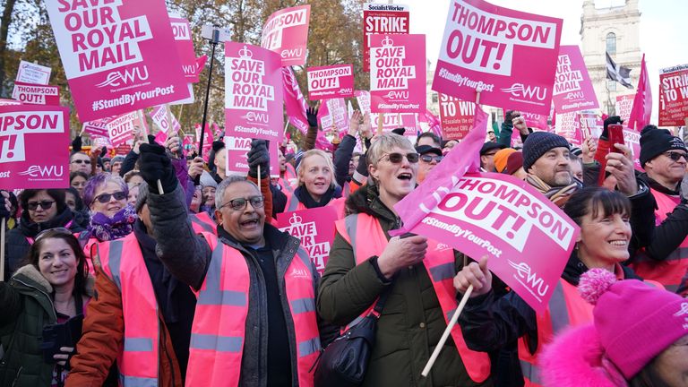 Members of the Communication Workers Union (CWU) hold a rally in Parliament Square, London, as Royal Mail workers mark another strike in the increasingly bitter dispute over jobs, pay and conditions. Picture date: Friday December 9, 2022.