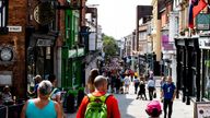 Lincoln, United Kingdom - 07/21/2018: Lincoln High Street during the summer, at the base of Steep Hill.