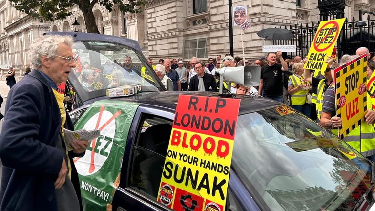 Anti-vax protester Piers Corbyn joins campaigners against the ULEZ expansion by parking his car outside Downing Street. Pic: Josh Gafson