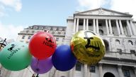 Campaigners from Positive Money demonstrate outside the Bank of England in London, against the rises in interest rates amid the cost of living crisis. They are demanding the government introduce a windfall tax on bank profits. Picture date: Thursday August 3, 2023.