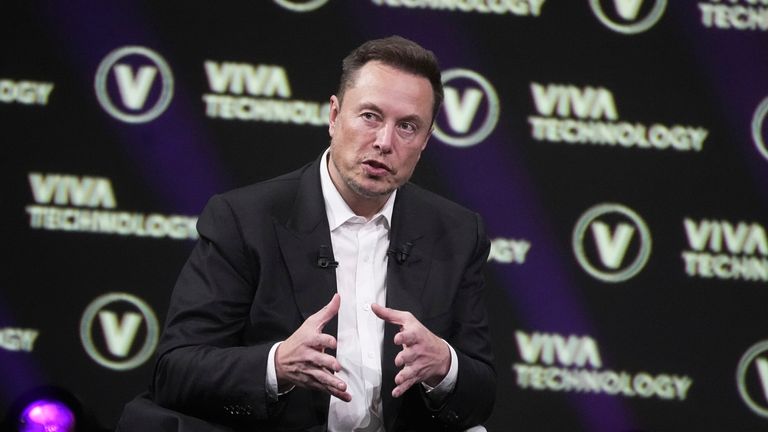 Elon Musk, who owns Twitter, Tesla and SpaceX, speaks at the Vivatech fair Friday, June 16, 2023 in Paris. Vivatech is Europe's biggest startup and tech event. (AP Photo/Michel Euler)