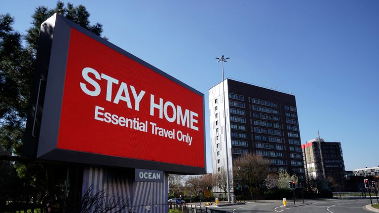 MANCHESTER,  - MARCH 26: A giant television over the A57 Motorway urges people to stay home on March 26, 2020 in Manchester, England. British Prime Minister, Boris Johnson, announced strict lockdown measures urging people to stay at home and only leave the house for basic food shopping, exercise once a day and essential travel to and from work. The Coronavirus (COVID-19) pandemic has spread to at least 182 countries, claiming over 10,000 lives and infecting hundreds of thousands more. (Photo by Christopher Furlong/Getty Images)