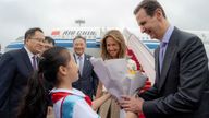 Syria's President Bashar al-Assad and his wife Asma are welcomed upon their arrival at Hangzhou airport, China, September 21, 2023.  SANA/Handout via REUTERS     ATTENTION EDITORS - THIS IMAGE WAS PROVIDED BY A THIRD PARTY. REUTERS IS UNABLE TO INDEPENDENTLY VERIFY THIS IMAGE..