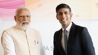 Narendra Modi and Rishi Sunak shake hands at the G7 summit in May