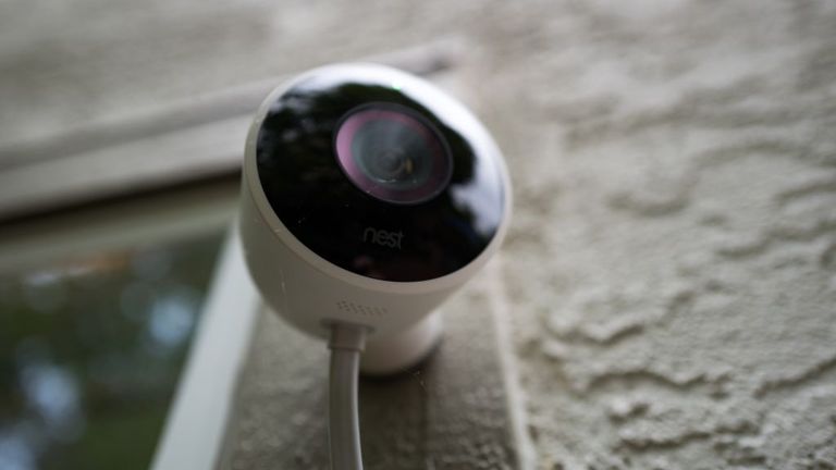 Close-up of weatherproof outdoor Nest home surveillance camera from Google Inc installed in a smart home in San Ramon, California, August 21, 2018. (Photo by Smith Collection/Gado/Getty Images)
