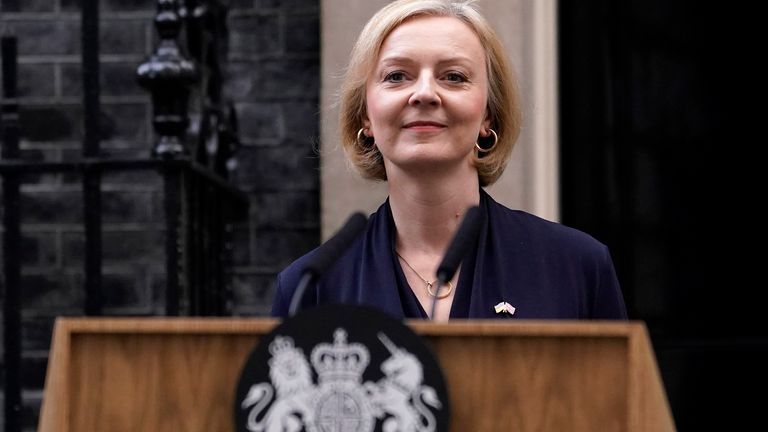 Britain's Prime Minister Liz Truss addresses the media in Downing Street in London, Thursday, Oct. 20, 2022. Truss says she resigns as leader of UK Conservative Party. (AP Photo/Alberto Pezzali)