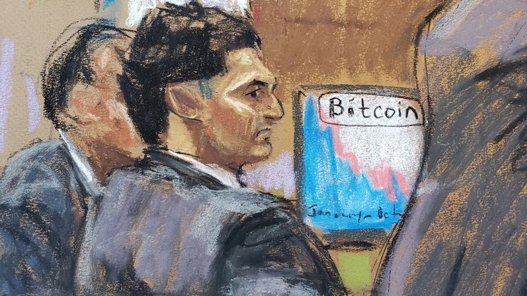 Sam Bankman-Fried watches as his defense lawyer Mark Cohen makes his opening remark in Bankman-Fried's fraud trial over the collapse of FTX, the bankrupt cryptocurrency exchange, at Federal Court in New York City, U.S., October 4, 2023 in this courtroom sketch. REUTERS/Jane Rosenberg