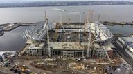 File photo dated 23-01-2023 of An aerial view of construction work at the site of Everton football club's new stadium being built at Bramley-Moore Dock. Everton insist the club�s charge for an alleged breach of profit and sustainability rules will have no impact on the funding or completion of their new Bramley-Moore Dock stadium.