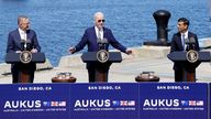 Britain's Prime Minister Rishi Sunak (R) with US President Joe Biden (C)  and Australian Prime Minister Anthony Albanese (L) at Point Loma naval base in San Diego. Pic: AP