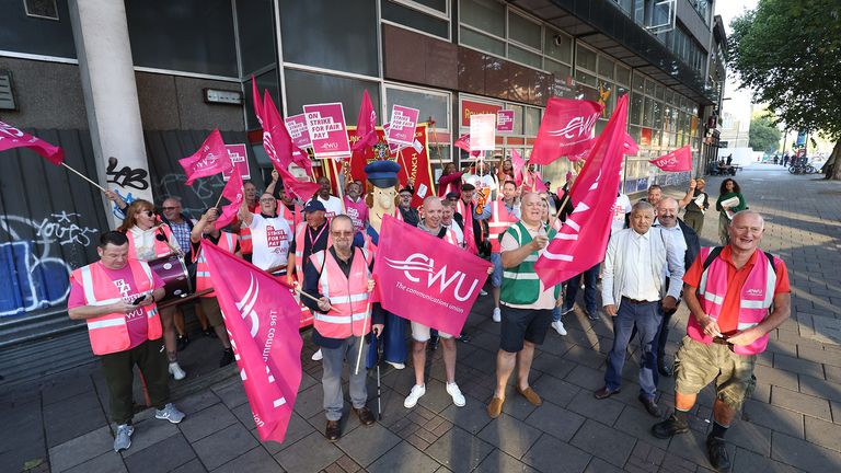 Postal workers from the Communication Workers Union (CWU) on the picket line at the Royal Mail Whitechapel Delivery Office in east London. More than 100,000 postal workers are due to walk out on Friday in a dispute over pay, in what is being described as the biggest strike of the summer so far. Picture date: Friday August 26, 2022.