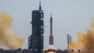 A Long March rocket carrying a crew of Chinese astronauts takes off. Pic: AP