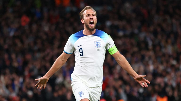 England's Harry Kane celebrates scoring England's third goal versus Italy in the October qualifier