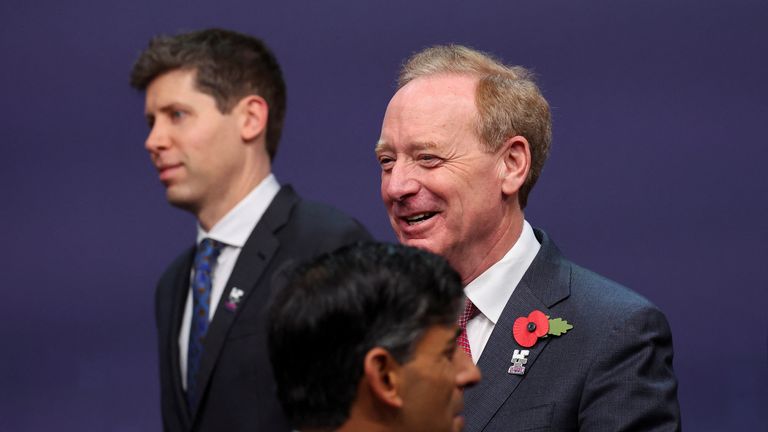 Britain's Prime Minister Rishi Sunak, Microsoft President Brad Smith and Sam Altman, CEO of OpenAI attend the AI Safety Summit in Bletchley Park, near Milton Keynes, Britain, November 2, 2023. REUTERS/Toby Melville/Pool