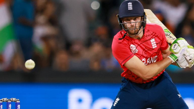 England's Jos Buttler bats during the T20 World Cup cricket semifinal between England and India in Adelaide, Australia, Thursday, Nov. 10, 2022. (AP Photo/James Elsby)