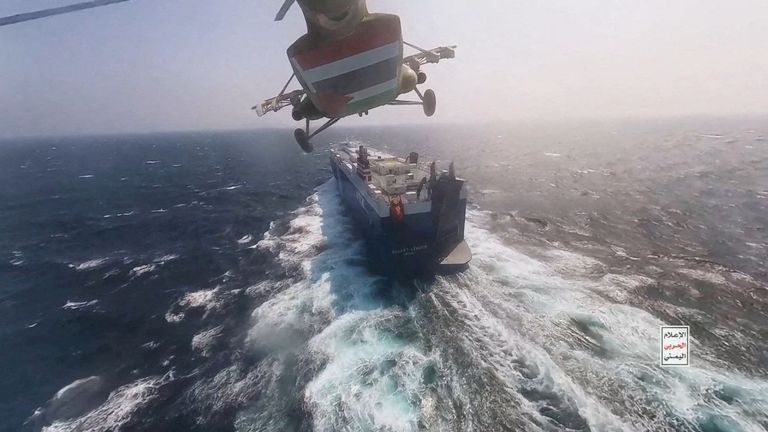 A Houthi military helicopter flies over the Galaxy Leader cargo ship in the Red Sea in a picture released by the Houthi military. File pic