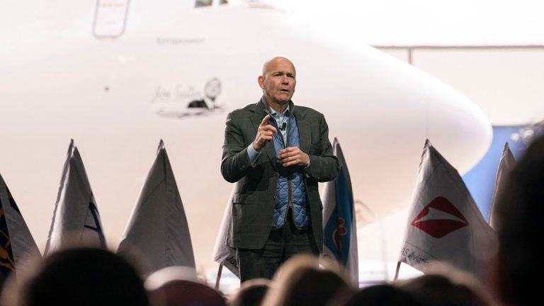 Dave Calhoun, CEO of Boeing, speaks on stage during the delivery of the final 747 jet at their plant in Everett, Washington, U.S. January 31, 2023. REUTERS/David Ryder