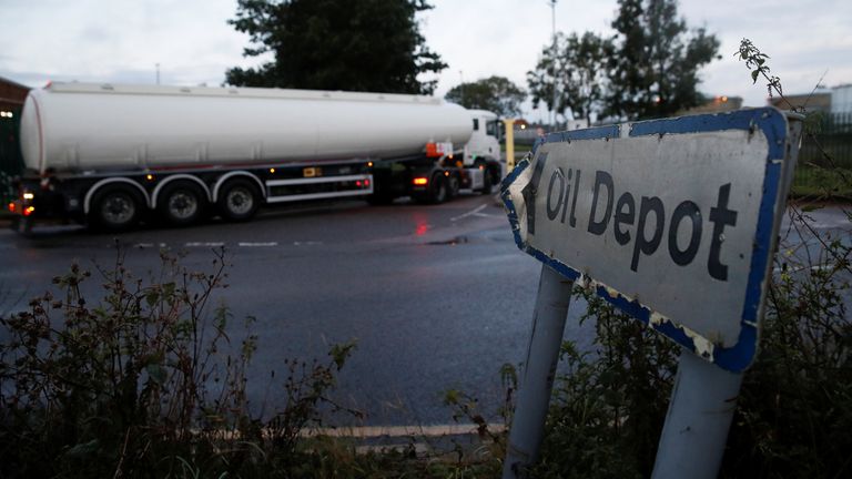 A tanker is driven to the Buncefield Oil Depot in Hemel Hempstead, Britain, October 4, 2021. REUTERS/Andrew Boyers
