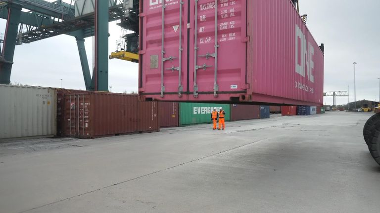 Shipping containers at Freightliner UK's Manchester terminal. For Tom Heap piece on freight