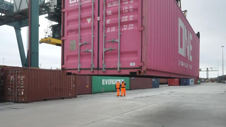 Shipping containers at Freightliner UK's Manchester terminal. For Tom Heap piece on freight