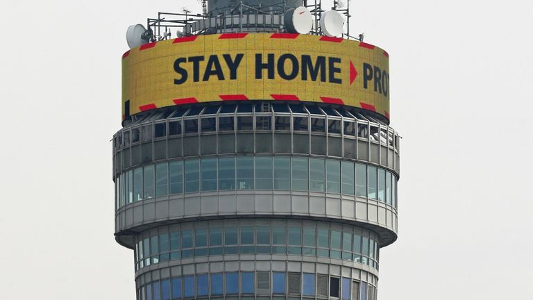 Pic: PA
The government's message: 'Stay Home, Protect the NHS, Save Lives' is shown in lights on the rotating display near the top of the BT Tower in the Fitzrovia area of London as the UK continues in lockdown to fight the coronavirus pandemic.