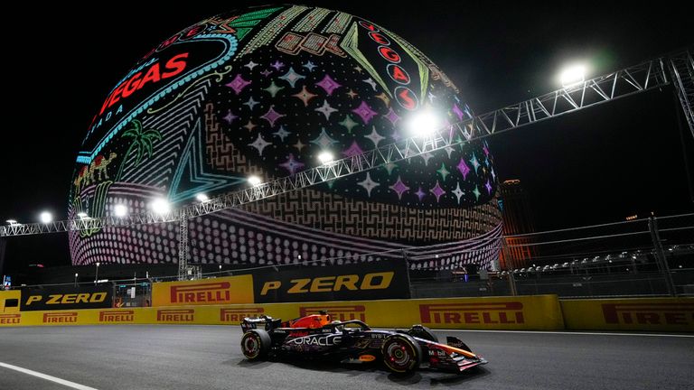 Red Bull driver Max Verstappen, of the Netherlands, drives during the first practice session for the Formula One Las Vegas Grand Prix auto race, Thursday, Nov. 16, 2023, in Las Vegas. (AP Photo/John Locher)