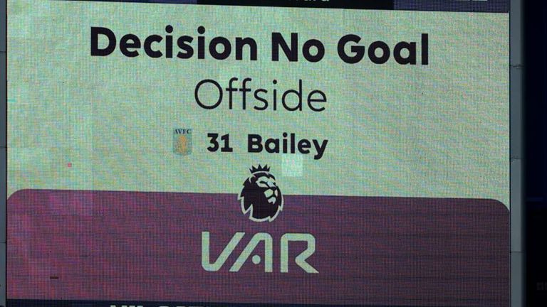 A VAR check on the goal of Aston Villa's Leon Bailey during the Premier League match at Goodison Park, Liverpool. Picture date: Sunday January 14, 2024.

