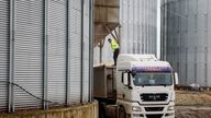 A truck with corn is seen at a grain storage facility in the village of Bilohiria, Khmelnytskyi region, Ukraine April 19, 2023. REUTERS/Gleb Garanich