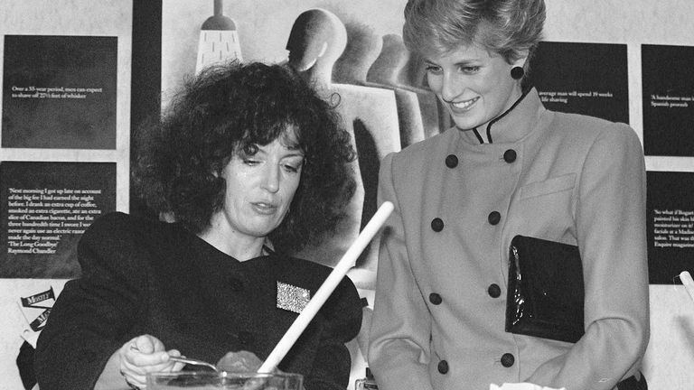 Body Shop founder Anita Roddick gives a demonstration for Diana, Princess of Wales, at the opening of a new headquarters in Littlehampton, Sussex..
Pic: PA