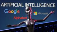 FILE PHOTO: Illustration shows Google, Microsoft and Alphabet logos and AI Artificial Intelligence words