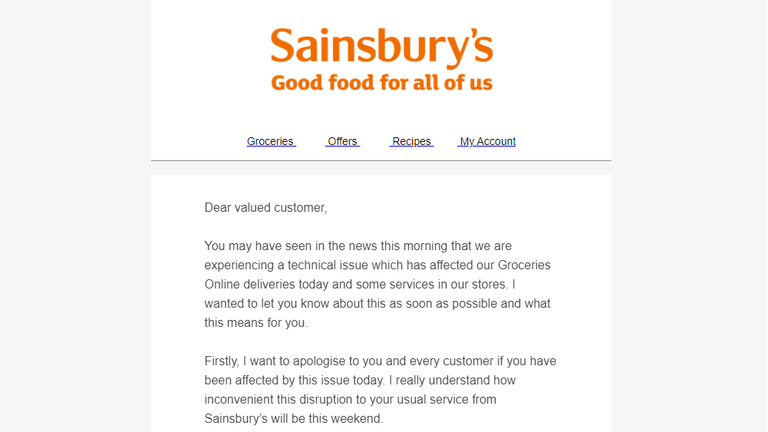 An email Sainsbury's sent to customers this afternoon