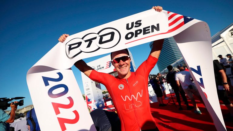 Collin Chartier celebrates as he wins the PTO US Open at the Levy Event Plaza.
Pic:Professional Triathletes Organisation/AP