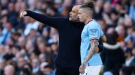 Pep Guardiola with Kalvin Phillips at Manchester City's Etihad Stadium in April last year. Pic: Reuters