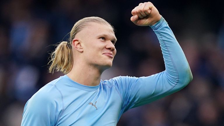 Manchester City's Erling Haaland celebrates following the Premier League match at the Etihad Stadium, Manchester. Picture date: Sunday March 3, 2024.

