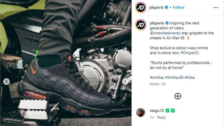 Undated handout photo of an advert posted by JD Sports on Instagram. JD Sports has drawn complaints to the advertising watchdog for posting "irresponsible" adverts showing motorcyclists wearing trainers, deemed to be unsuitable for the sport. The Advertising Standards Authority (ASA) said it had received 41 complaints about the ads seen on Facebook and Instagram in March for Nike Air Max 95s, which feature bikers performing stunts such as wheelies and close-up shots of the trainers. Issue date: Tuesday March 19, 2024. PA Photo. See PA story CONSUMER JDSports. Photo credit should read: JD Sports/PA Wire ..NOTE TO EDITORS: This handout photo may only be used in for editorial reporting purposes for the contemporaneous illustration of events, things or the people in the image or facts mentioned in the caption. Reuse of the picture may require further permission from the copyright holder. .