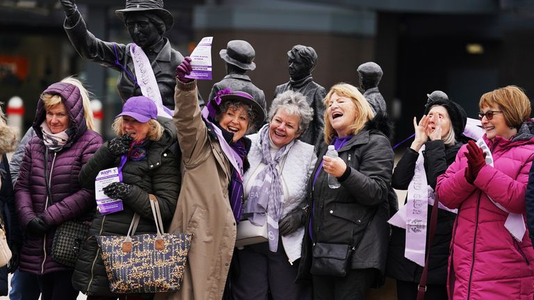 Campaigners for Women Against State Pension Inequality Campaign (Waspis) gather at the statue of political activist Mary Barbour, the woman who led rent strikes during the First World War, in Govan, Glasgow, to mark International Women's Day. Picture date: Friday August 18, 2023. PA Photo. See PA story SOCIAL Women. Photo credit should read: Andrew Milligan/PA Wire