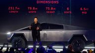 Tesla CEO Elon Musk introduces the Cybertruck at Tesla's design studio Thursday, Nov. 21, 2019, in Hawthorne, Calif. Musk is taking on the workhorse heavy pickup truck market with his latest electric vehicle. (AP Photo/Ringo H.W. Chiu)                                           