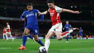 Soccer Football - Premier League - Arsenal v Chelsea - Emirates Stadium, London, Britain - April 23, 2024 Chelsea's Thiago Silva in action with Arsenal's Declan Rice Action Images via Reuters/Matthew Childs NO USE WITH UNAUTHORIZED AUDIO, VIDEO, DATA, FIXTURE LISTS, CLUB/LEAGUE LOGOS OR 'LIVE' SERVICES. ONLINE IN-MATCH USE LIMITED TO 45 IMAGES, NO VIDEO EMULATION. NO USE IN BETTING, GAMES OR SINGLE CLUB/LEAGUE/PLAYER PUBLICATIONS.