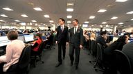 Labour Leader Ed Miliband (centre left) with Daisy Group CEO Matthew Riley (centre right), as he visited the headquarters of the Daisy Group in Nelson, Lancashire, ahead of Labour's North West Regional Conference.