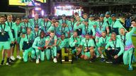 Oval Invincibles celebrate with the trophy after winning the men's hundred final in 2023. Pic: Reuters 