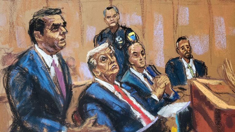 Former U.S. President Donald Trump listens as his lawyer Todd Blanche argues with Judge Juan Merchan (not seen) during a court hearing on charges of falsifying business records to cover up a hush money payment to a porn star before the 2016 election, at a court in New York, U.S., February 15, 2024 in this courtroom sketch.