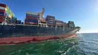 Hong Kong-flagged container ship Joseph Schulte leaves the sea port, amid Russia's attack on Ukraine, in Odesa, Ukraine, in this handout picture released August 16, 2023. Ukrainian Deputy Prime Minister Oleksandr Kubrakov via Facebook/Handout via REUTERS ATTENTION EDITORS - THIS IMAGE HAS BEEN SUPPLIED BY A THIRD PARTY. NO RESALES. NO ARCHIVES.