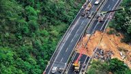 Rescuers work at the site of a collapsed road section of the Meizhou-Dabu Expressway in Meizhou, south China's Guangdong Province.
Pic:Xinhua News Agency/AP