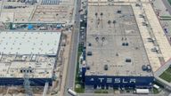 An aerial view of Tesla Gigafactory Three in Shanghai, China Sunday, July 11, 2021.