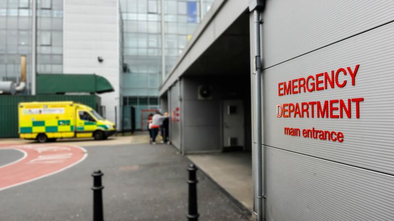 Ambulance outside a hospital Accident and Emergency department.